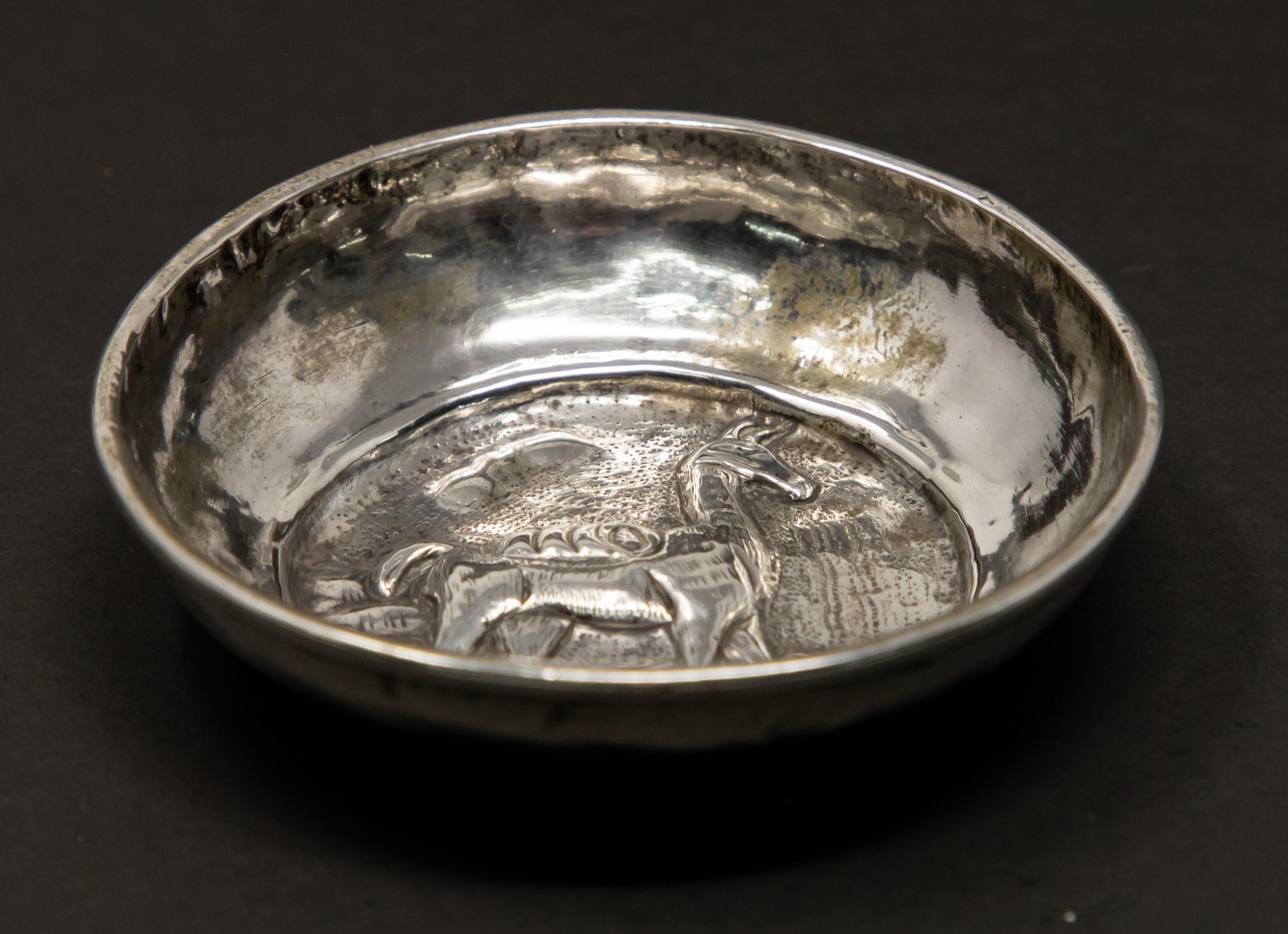 Offering this sterling silver Peruvian dish. The bottom of the dish has a relief of an alpaca carrying something on its back.