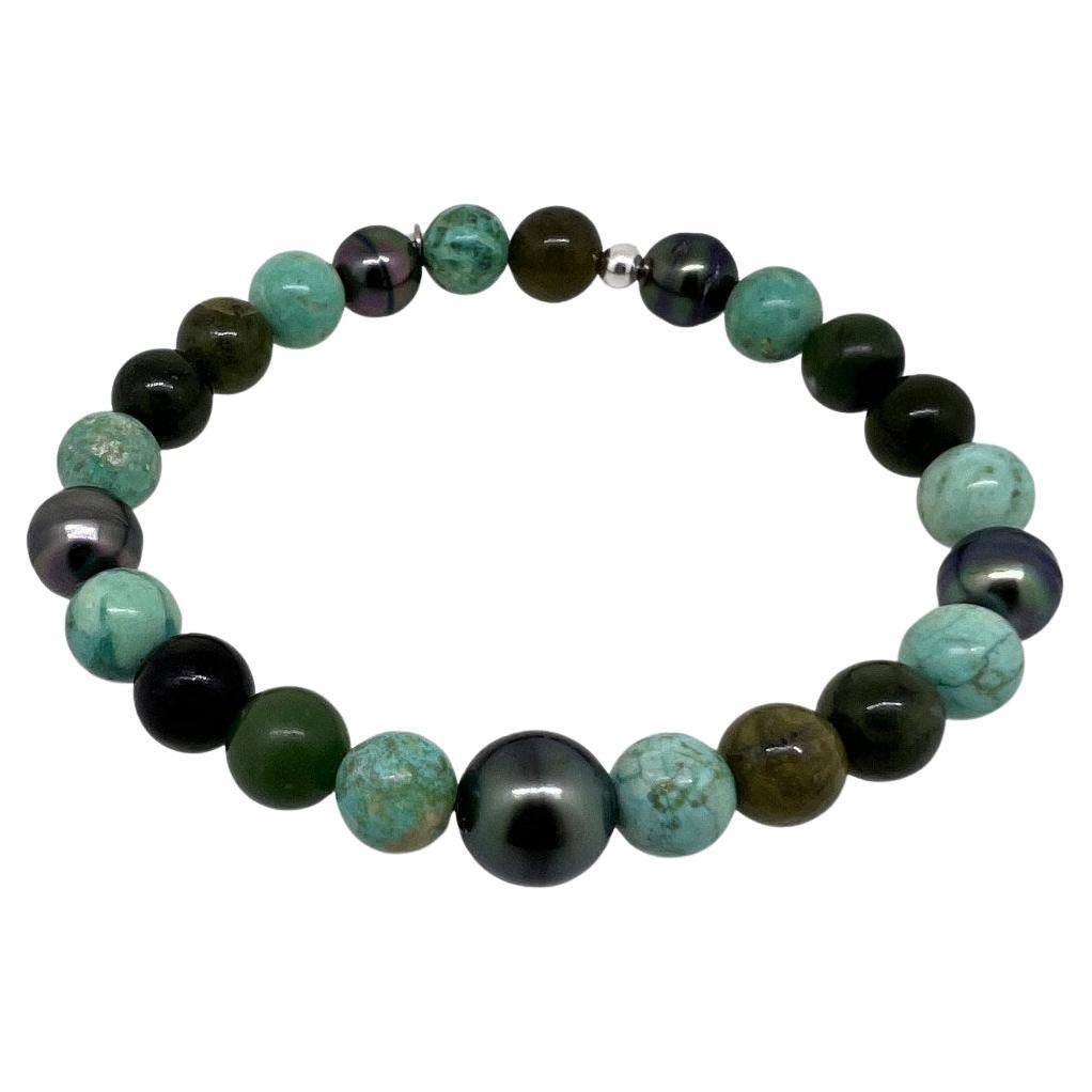Bracciale da uomo in turchese peruviano, giada della Columbia Britannica e perle di Tahiti
