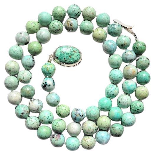Peruvian Turquoise Long Necklace with Turquoise Clasp For Sale