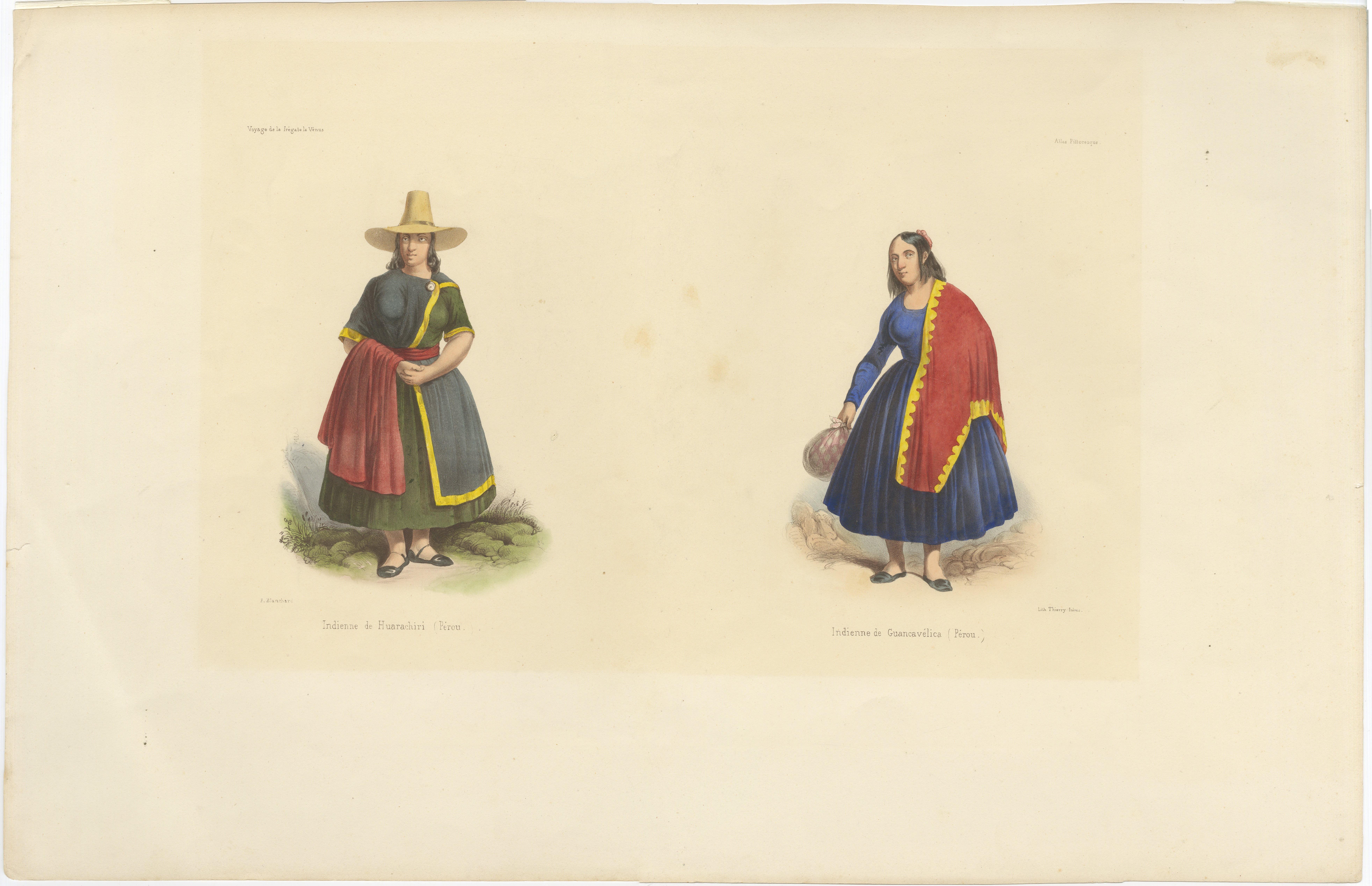 Peruvian Women's Costumes, Huarochirí & Huancavelica, Hand-Colored, 1841