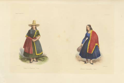 Peruvian Women's Costumes, Huarochirí & Huancavelica, Hand-Colored, 1841