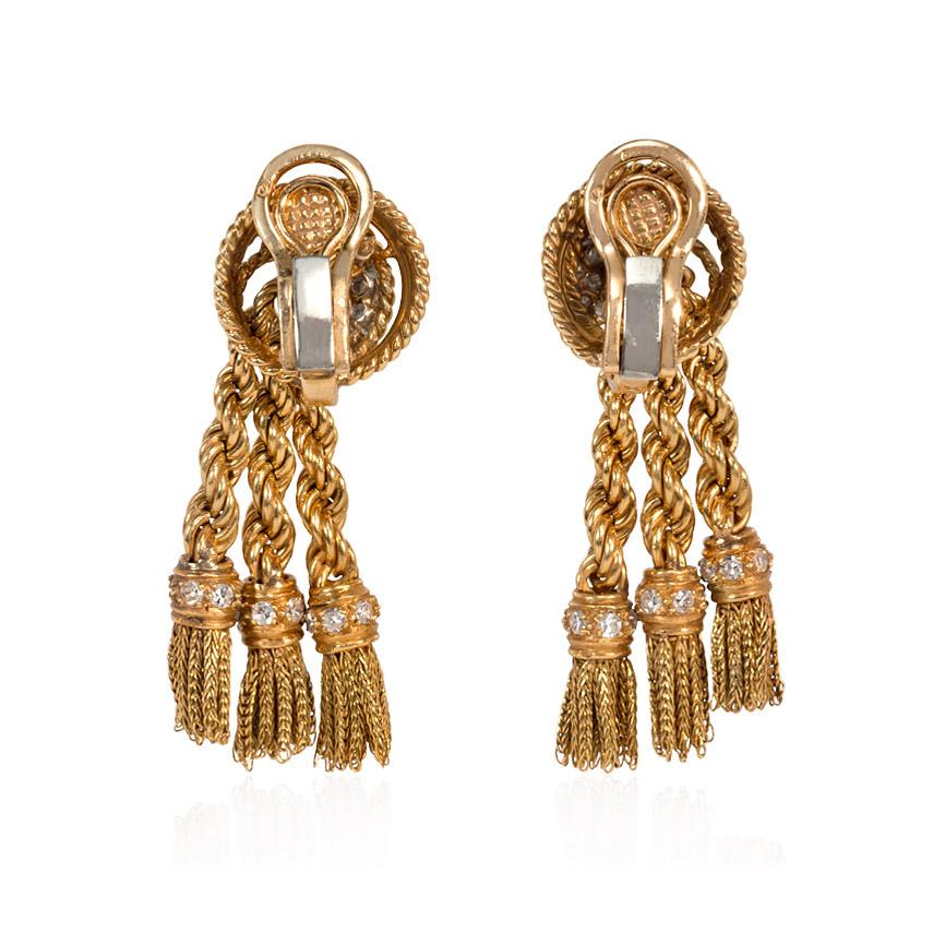 Retro Péry et Cie, France 1950s Gold and Diamond Ropetwist Tassel Earrings