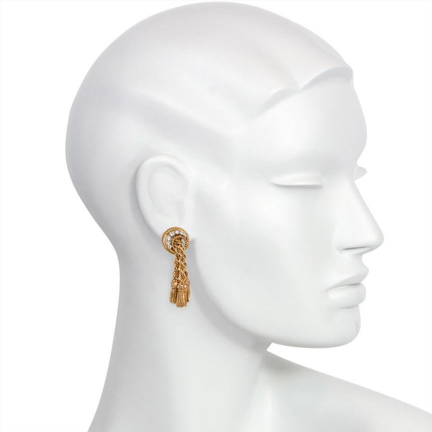 Round Cut Péry et Cie, France 1950s Gold and Diamond Ropetwist Tassel Earrings