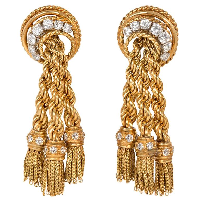 Péry et Cie, France 1950s Gold and Diamond Ropetwist Tassel Earrings