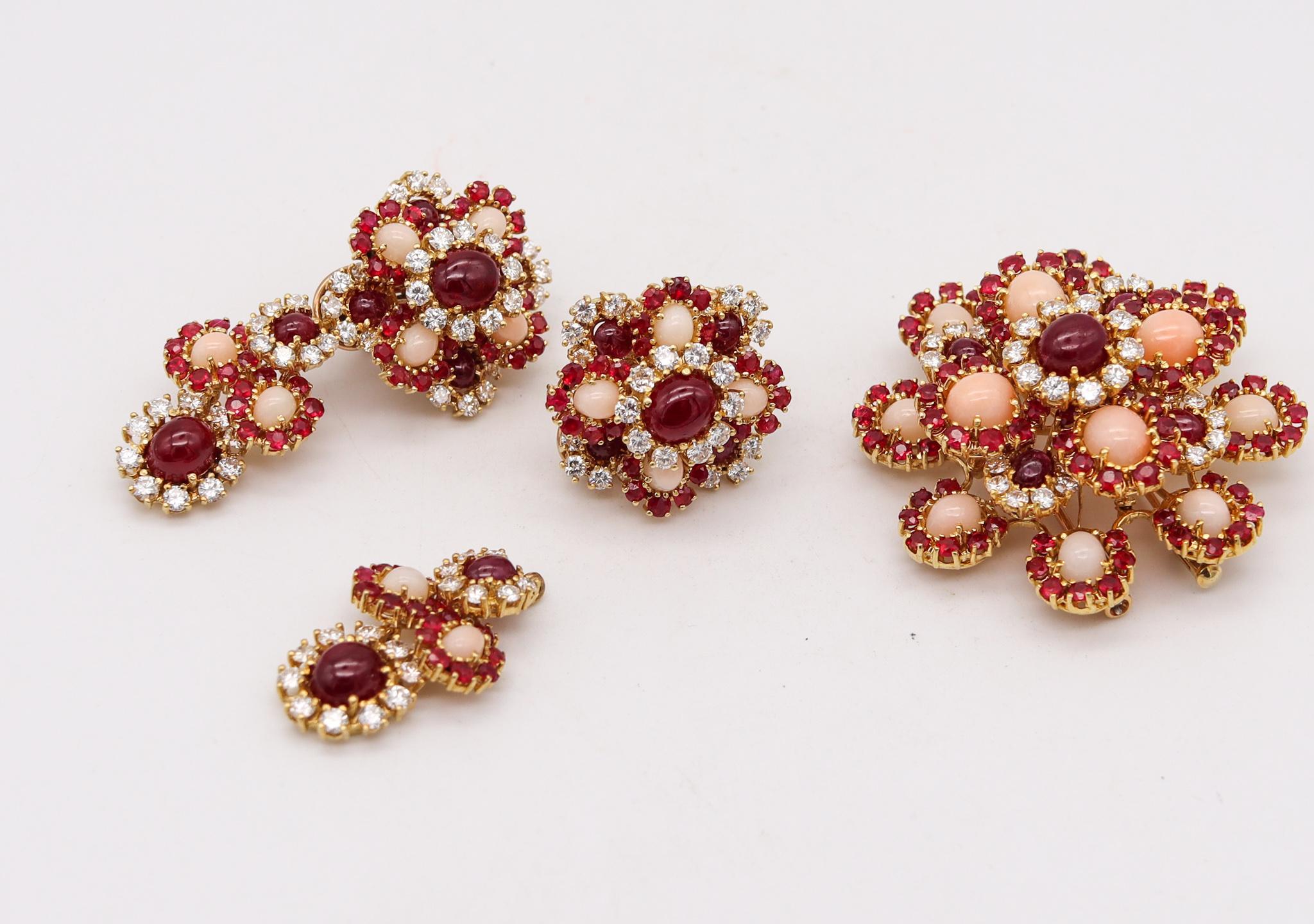Brilliant Cut Pery Et Fils 1960 Paris Convertible Earrings Brooch 18Kt 51.91 Cts Diamonds Ruby