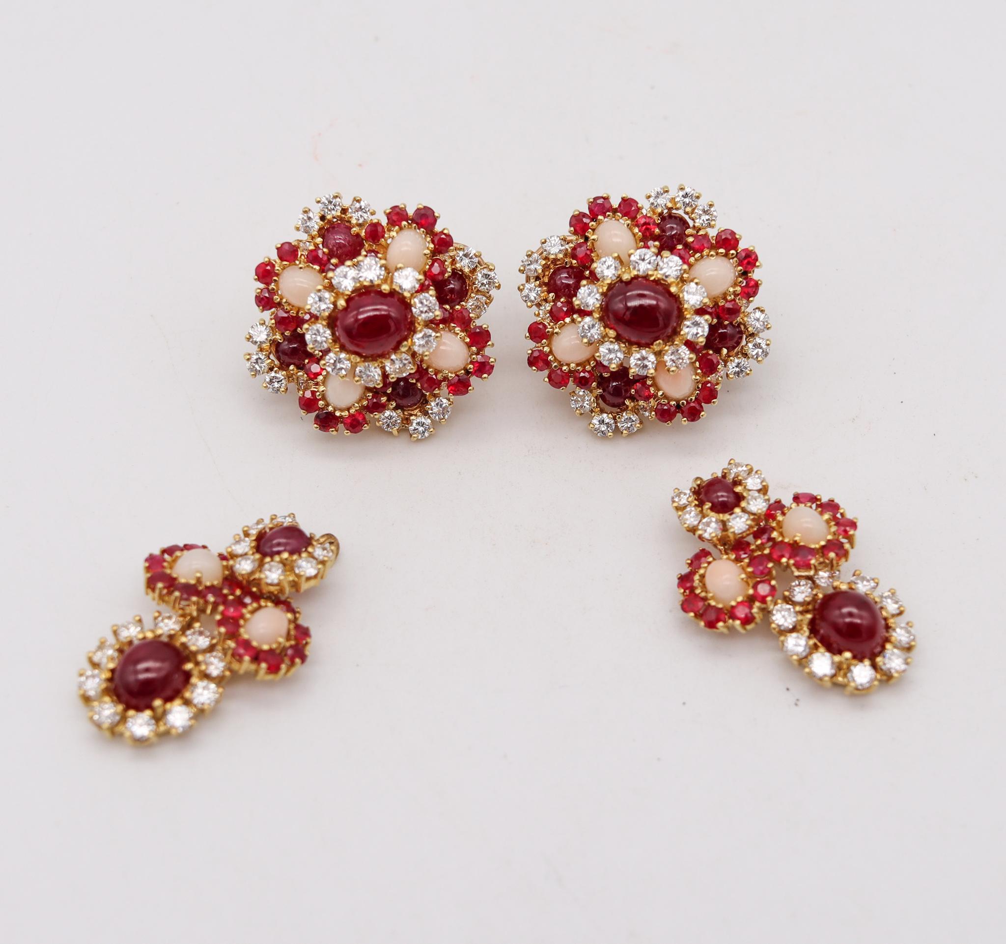 Pery Et Fils 1960 Paris Convertible Earrings Brooch 18Kt 51.91 Cts Diamonds Ruby In Excellent Condition In Miami, FL