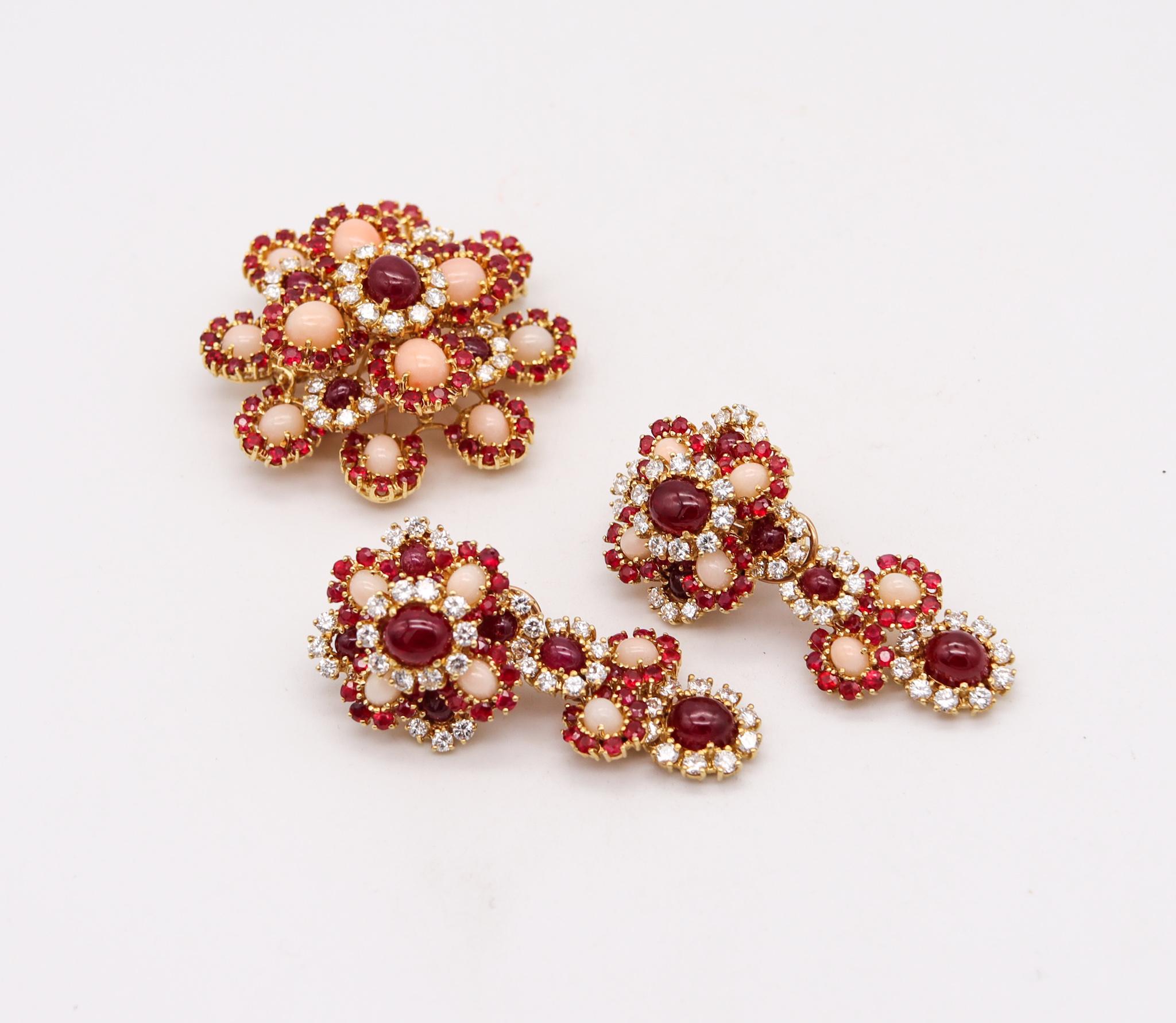 Women's Pery Et Fils 1960 Paris Convertible Earrings Brooch 18Kt 51.91 Cts Diamonds Ruby
