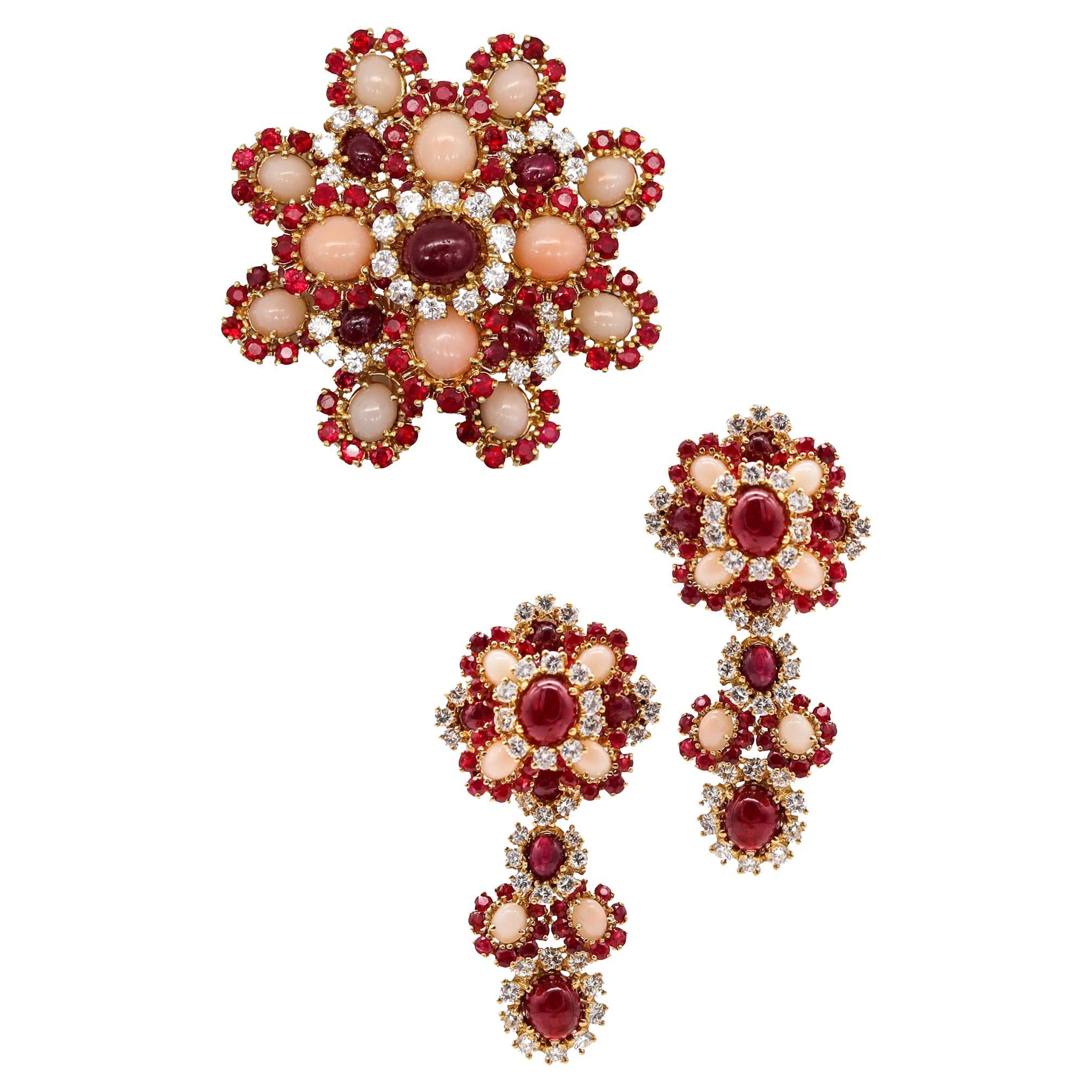 Pery Et Fils 1960 Paris Convertible Earrings Brooch 18Kt 51.91 Cts Diamonds Ruby