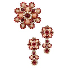 Pery Et Fils 1960 Paris Convertible Earrings Brooch 18Kt 51.91 Cts Diamonds Ruby