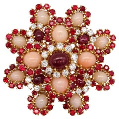 Vintage Pery Et Fils 1960 Paris Pendant Brooch 18Kt Gold 22.53 Cts In Diamonds & Rubies 