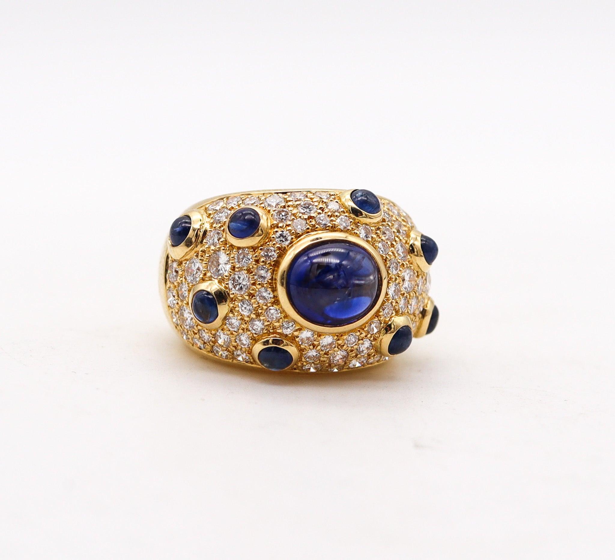 Modernist PERY ET FILS Cocktail Ring In 18Kt Gold With 7.22 Ctw In Diamonds & Sapphires For Sale
