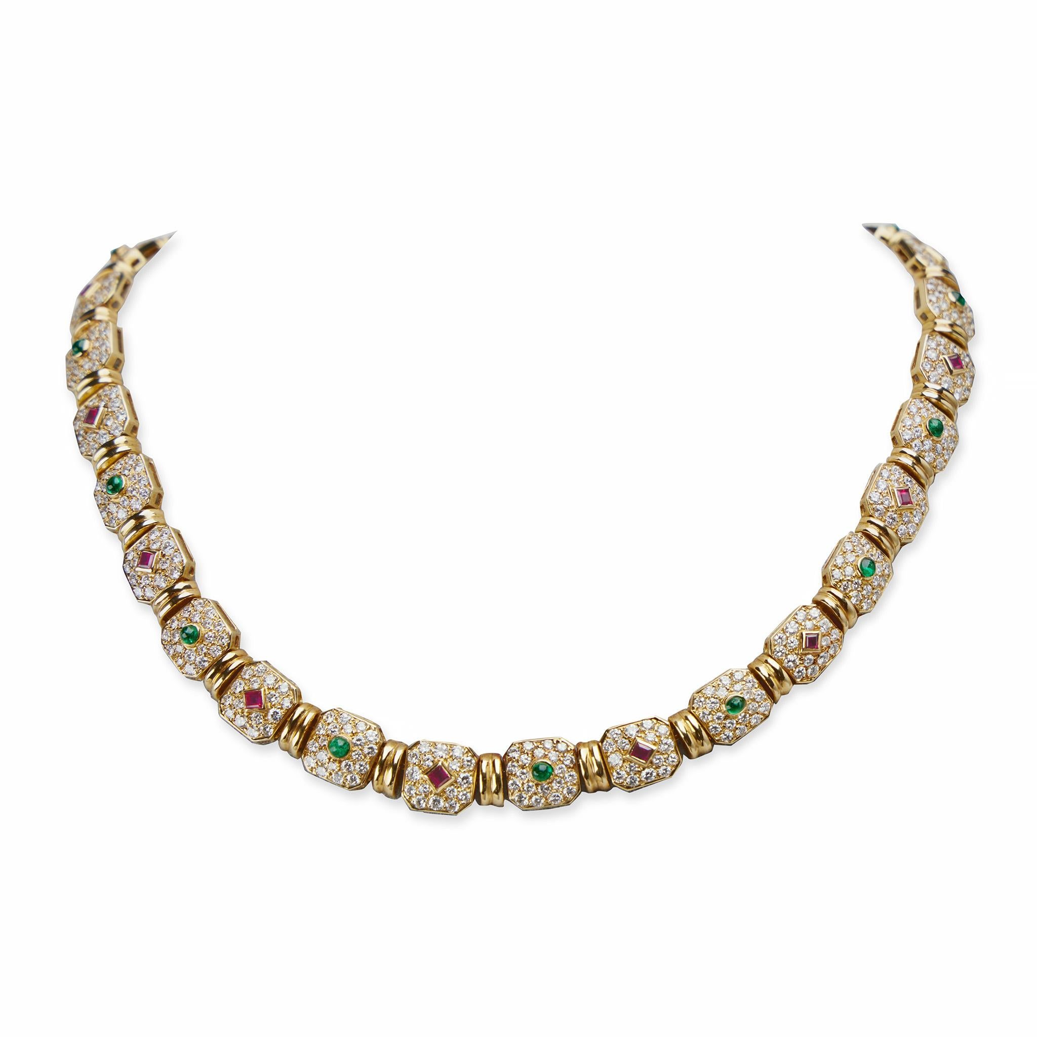 Brilliant Cut Péry et Fils Paris Diamond, Ruby and Emerald Necklace For Sale