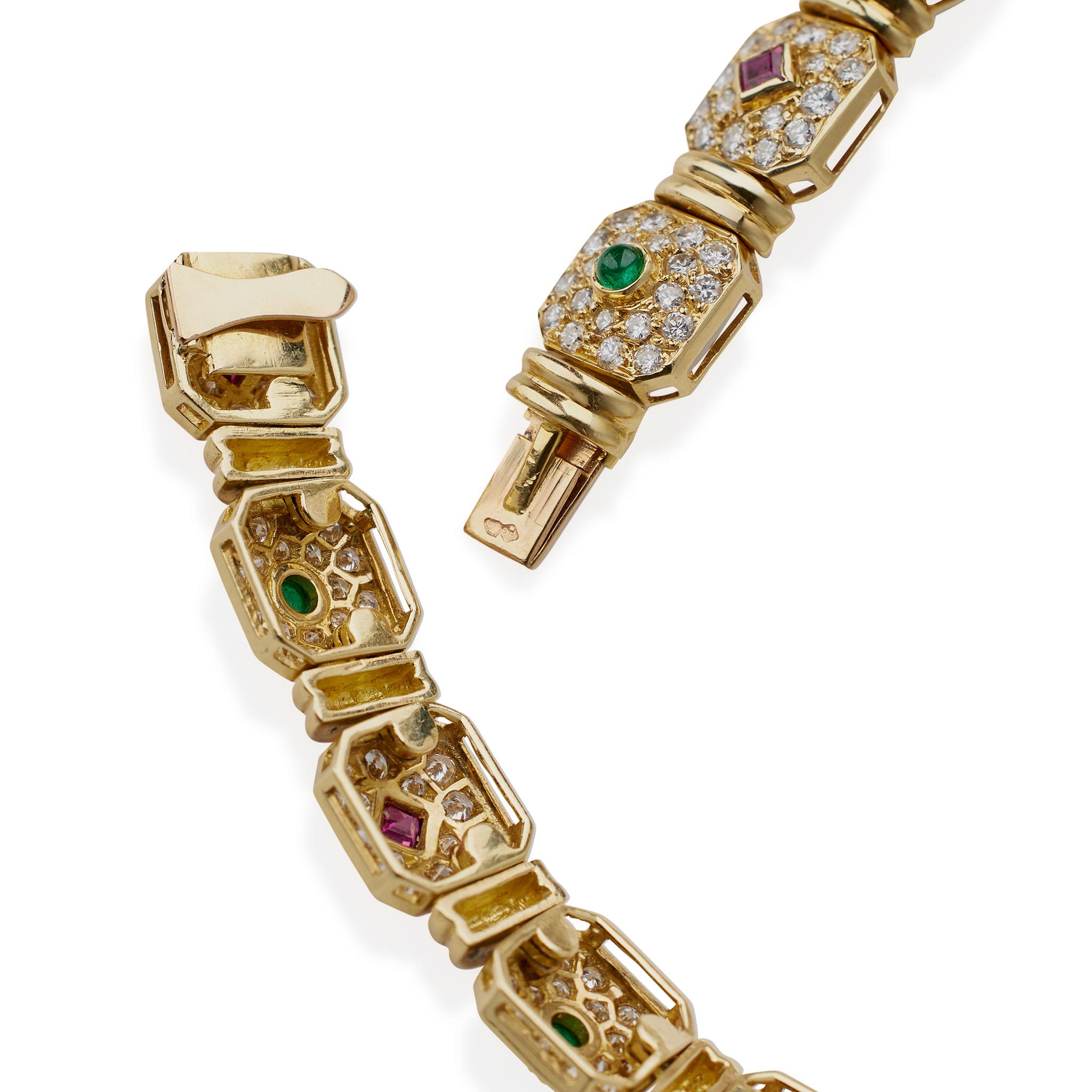 Women's or Men's Péry et Fils Paris Diamond, Ruby and Emerald Necklace For Sale