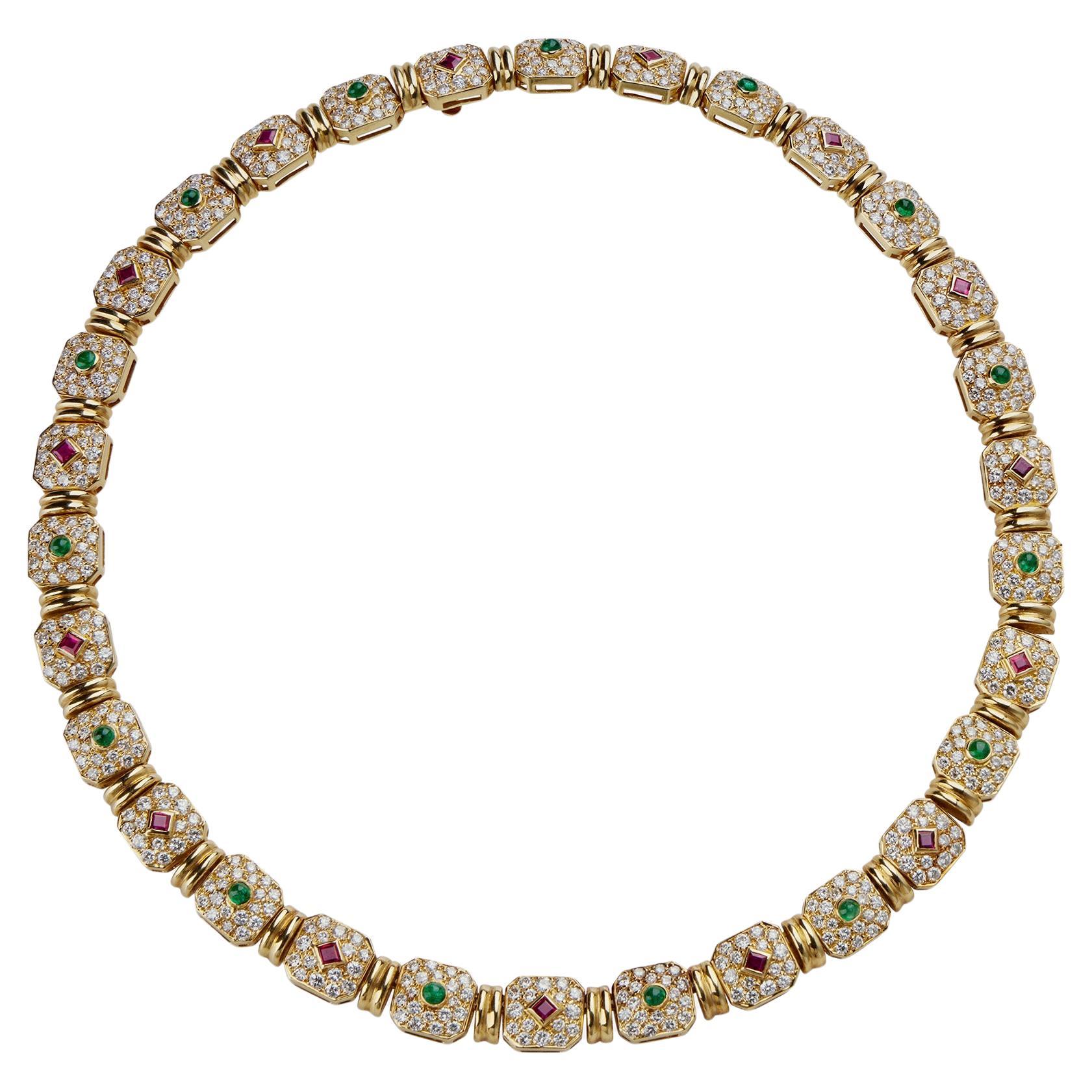 Péry et Fils Paris Diamond, Ruby and Emerald Necklace For Sale