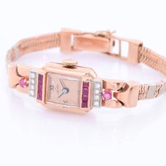 Pery Ladies Rose Gold Diamond Ruby Vintage Manual Wristwatch