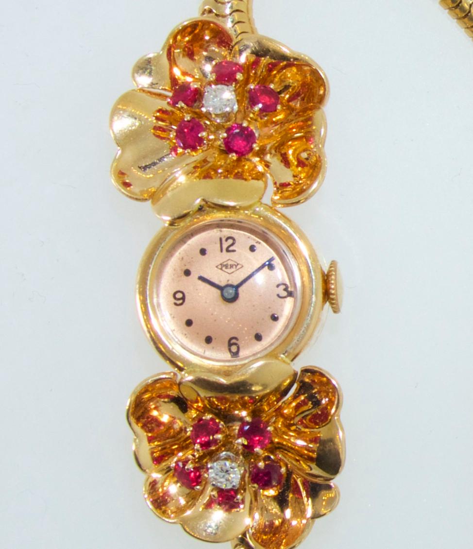 Retro Pery Yellow Gold Diamond Ruby manual wind Wristwatch, circa 1950s  