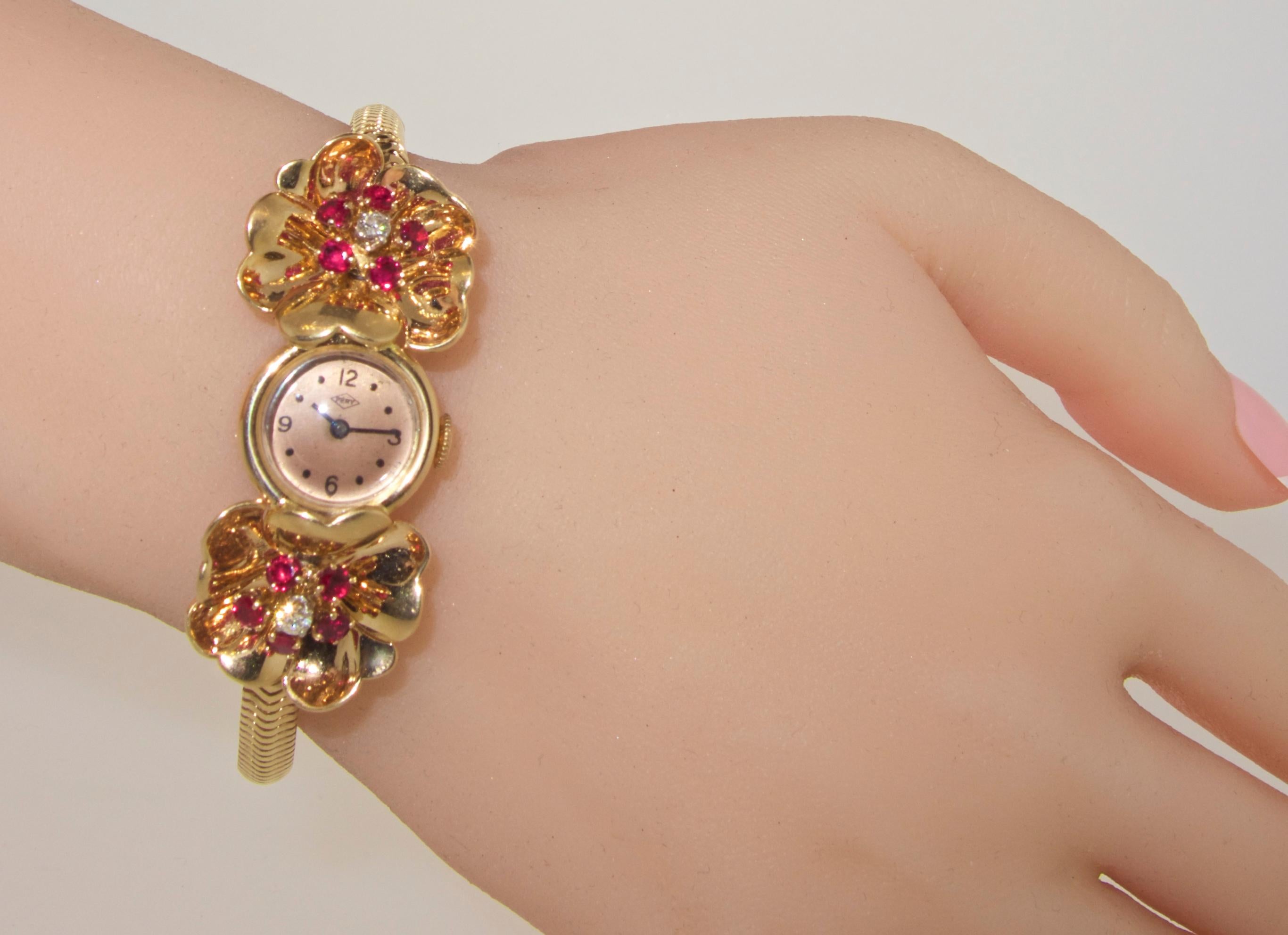 Women's or Men's Pery Yellow Gold Diamond Ruby manual wind Wristwatch, circa 1950s  