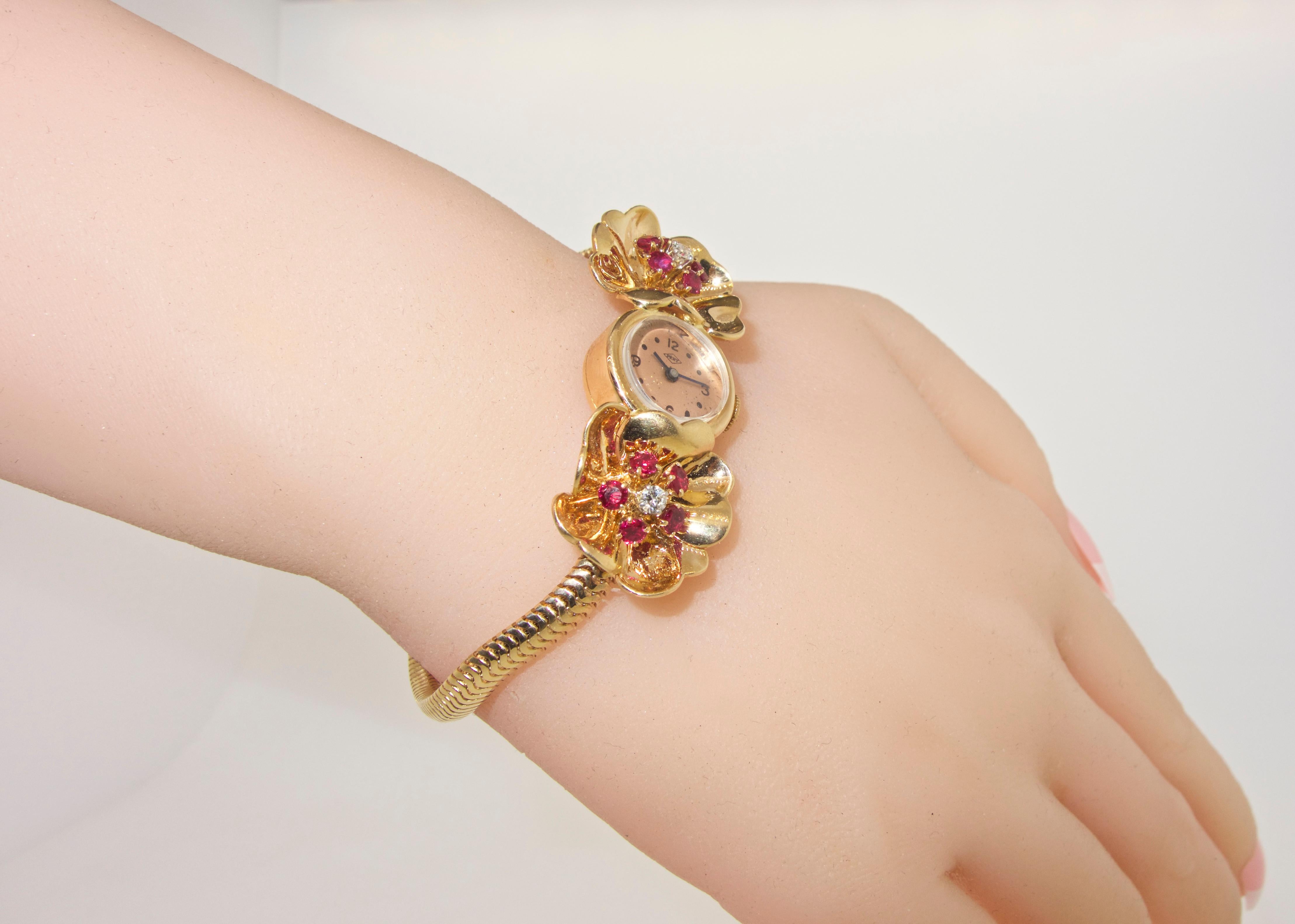 Pery Yellow Gold Diamond Ruby manual wind Wristwatch, circa 1950s 2