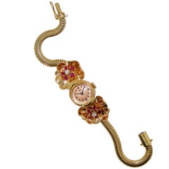 Pery Yellow Gold Diamond Ruby manual wind Wristwatch, circa 1950s  