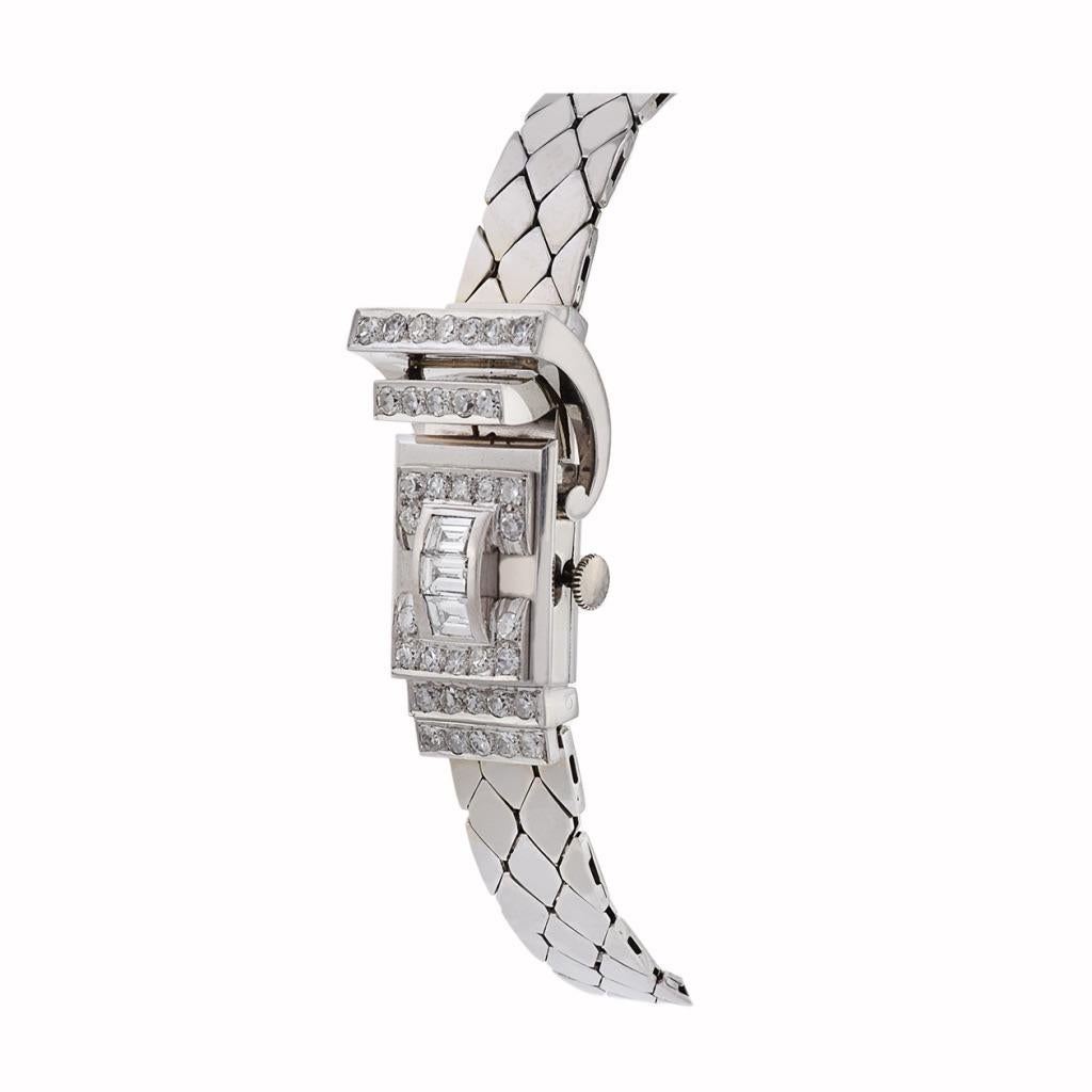 Baguette Cut Pesag 14KT White Gold and Diamond Cocktail Watch For Sale