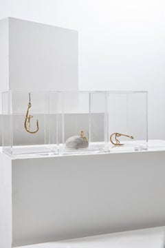 Pescador Series, Concrete and Brass Fisherman Sculpture, Acrylic Box