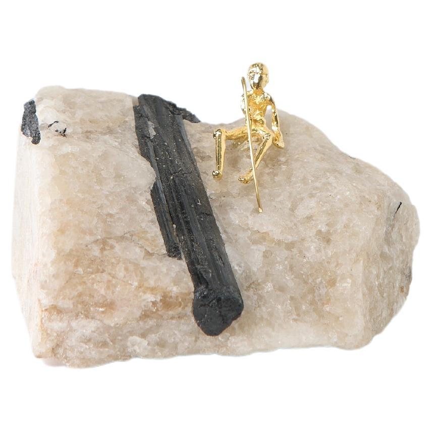 Série Pescador N938 sculpture de table pêcheur en quartz et tourmaline noire en vente