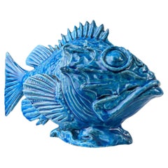 Pesce Scorfano Sculpture Blue Glazed by Guido Cacciapuoti, Italy, 1930