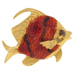 Emaillierte Fischbrosche aus Gelbgold 1960