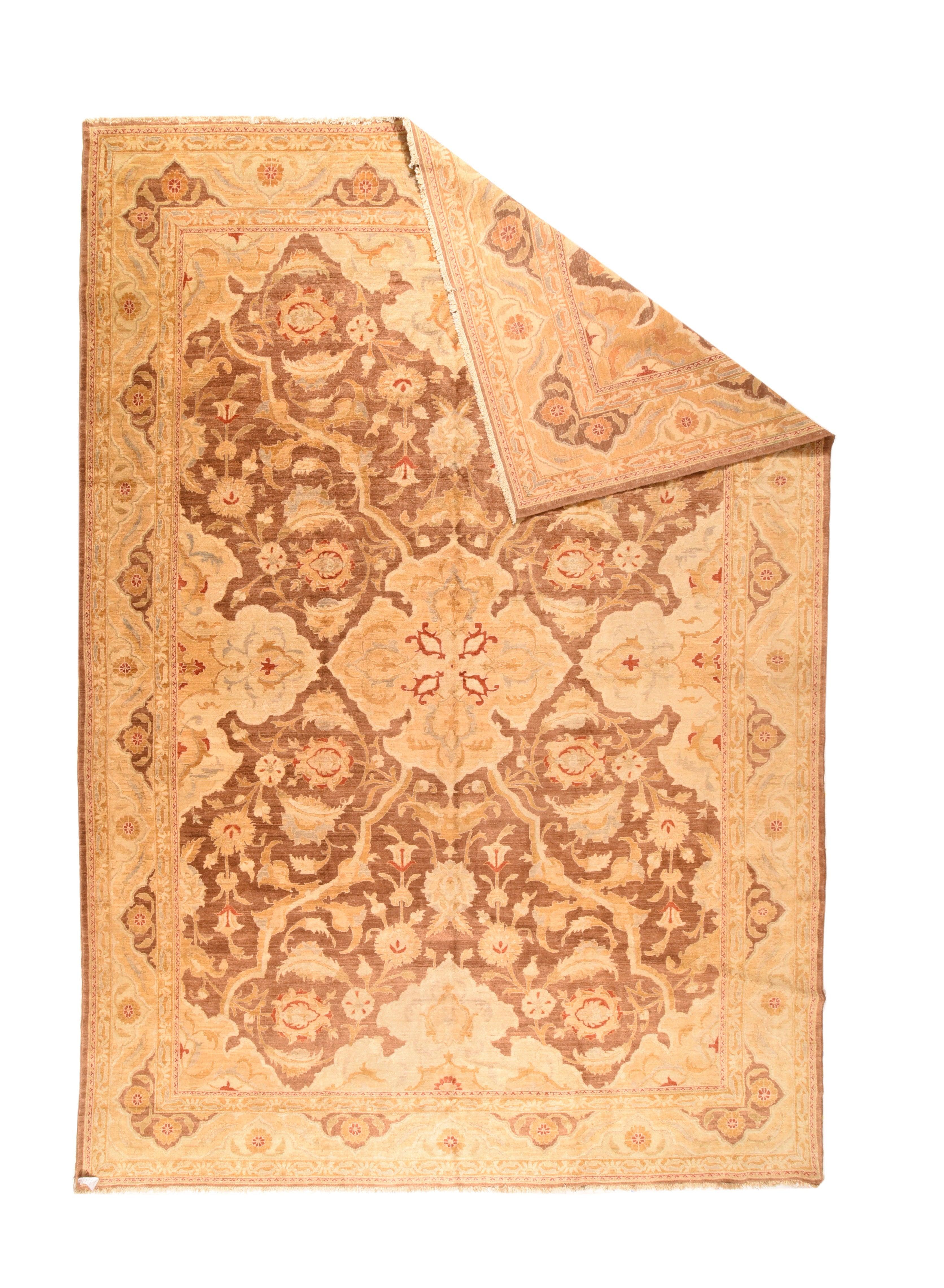 Peshawar Rug 12'0'' x 17'7''. This rust-red field modern carpet derives its design from the early 17th century silk and metal thread Persian 