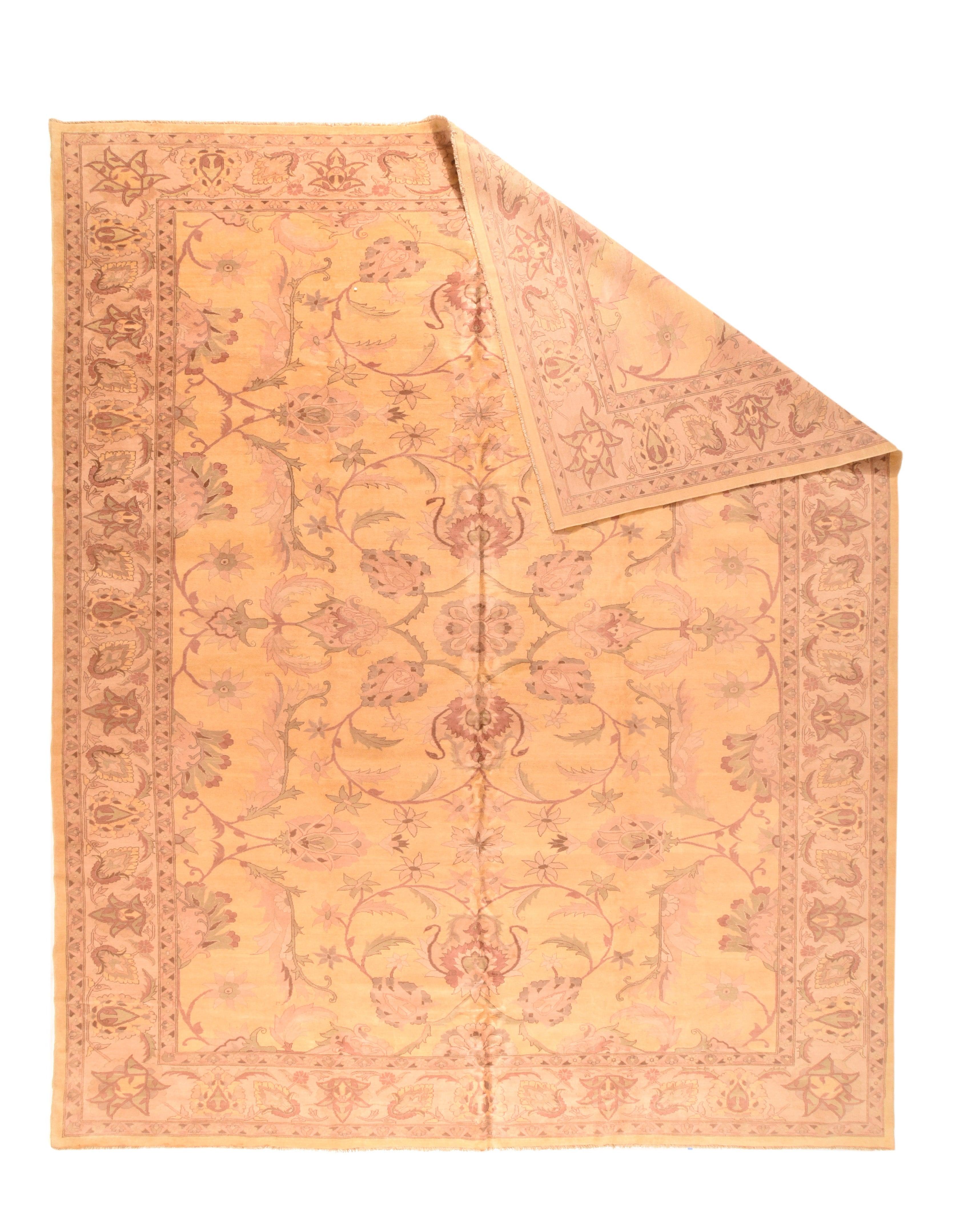 Peshawar Rug 13'0'' x 16'10''. This Pakistani well-woven urban carpet shows a straw-eggshell field with a spacious pattern of palmettes and sparsely flowering curving vinery. Pale green and rust accents. Sand border with cypresses-in-palmettes,
