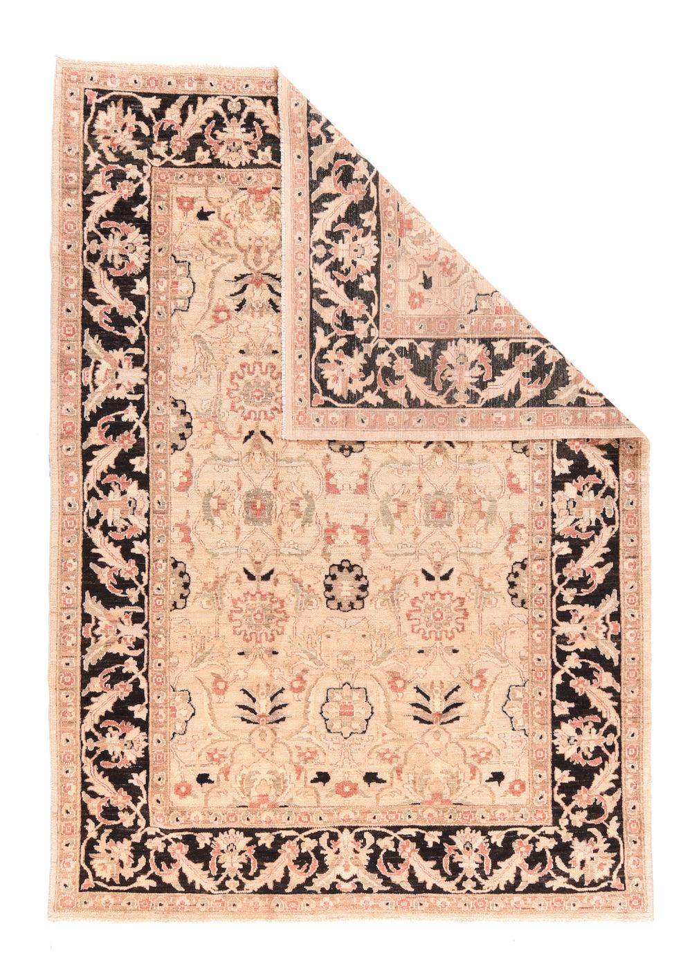 Peshawar Rug 6'1'' x 8'6''. This modern, well-woven Pakistani large scatter shows a sandy field with three complete and two half columns of ragged cogwheel rosettes, petal palmettes, lobed rosette-palmettes and light octogrammes. Near black main