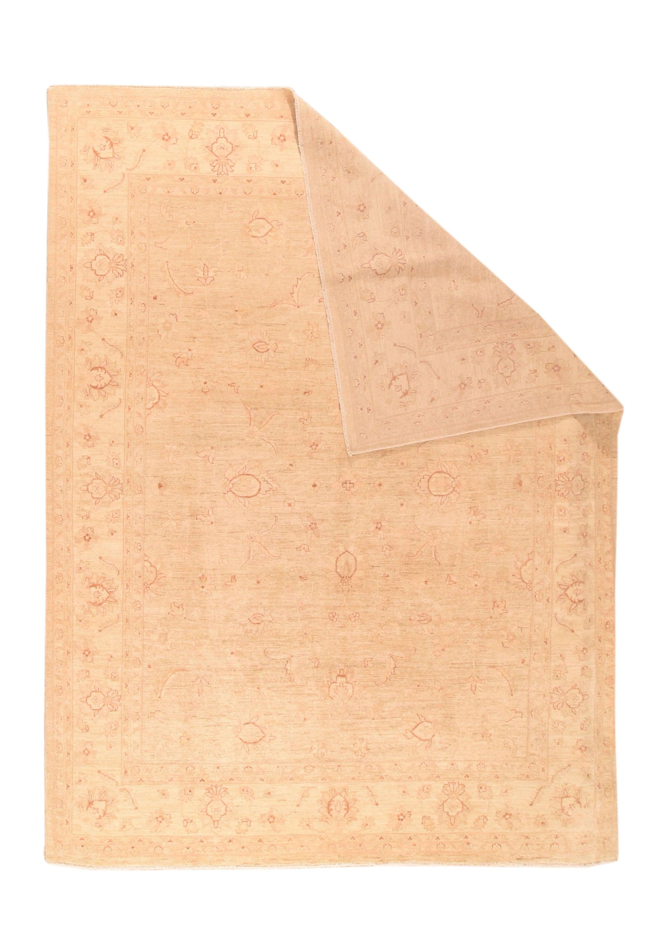 Peshawar Rug 8'11'' x 11'6''. This subtly toned moderately woven rug shows small, well-spaced palmettes accented in sienna on an abrashed straw-beige field. Four palmettes form a central implicit diamond. Sandy reversing petal palmette main border.