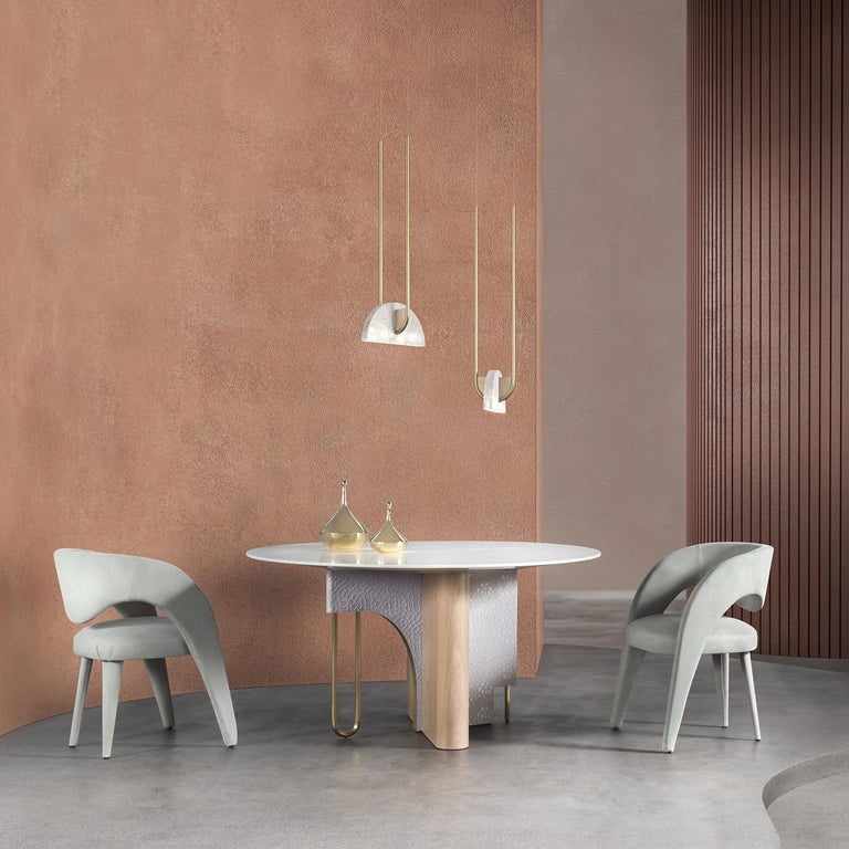 Contemporary Pessoa Suspension Lamp Carrara Marble Polished American Oak Brushed Brass For Sale