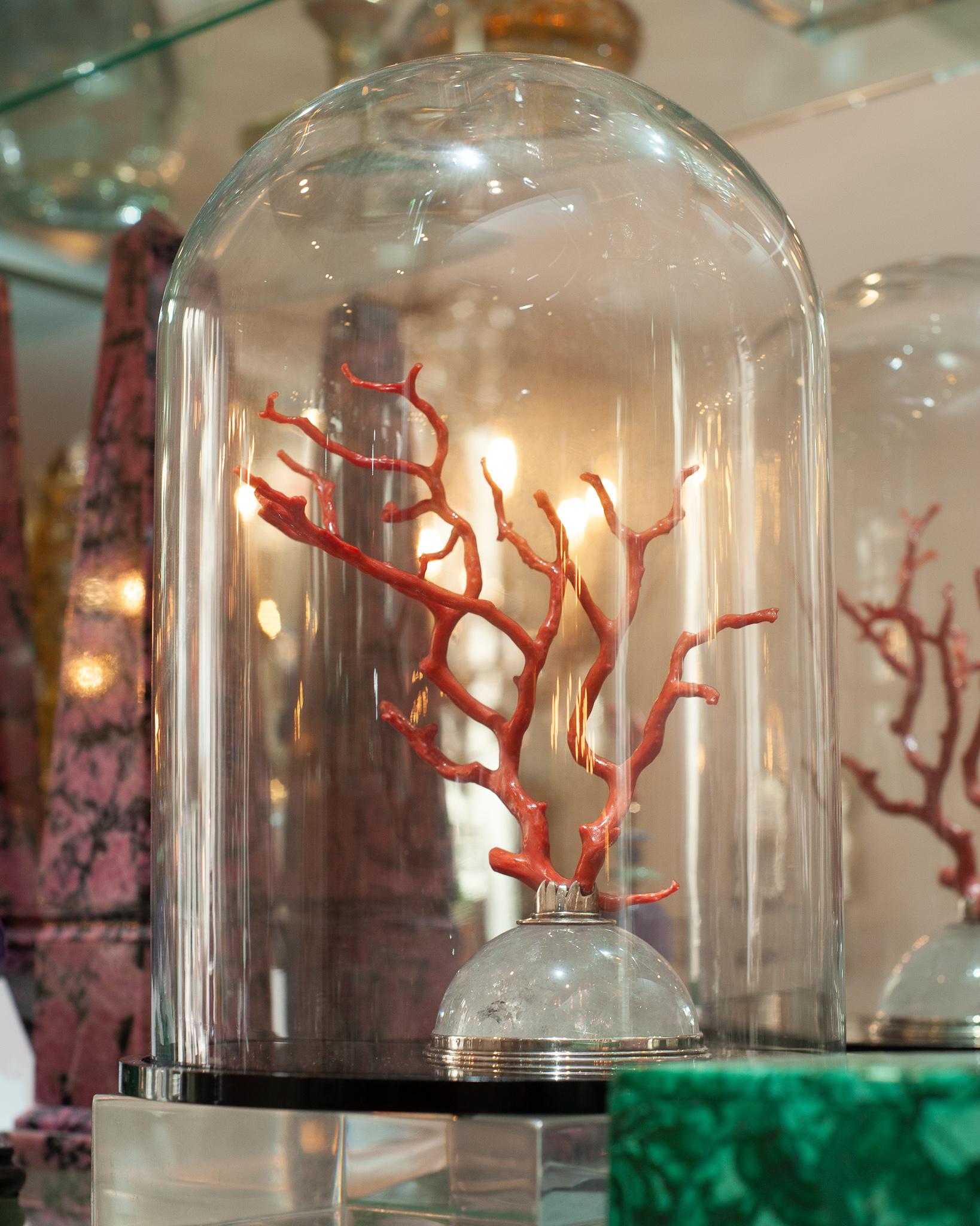 Italian Pestelli Contemporary Red Coral Branch on a Rock Crystal Base
