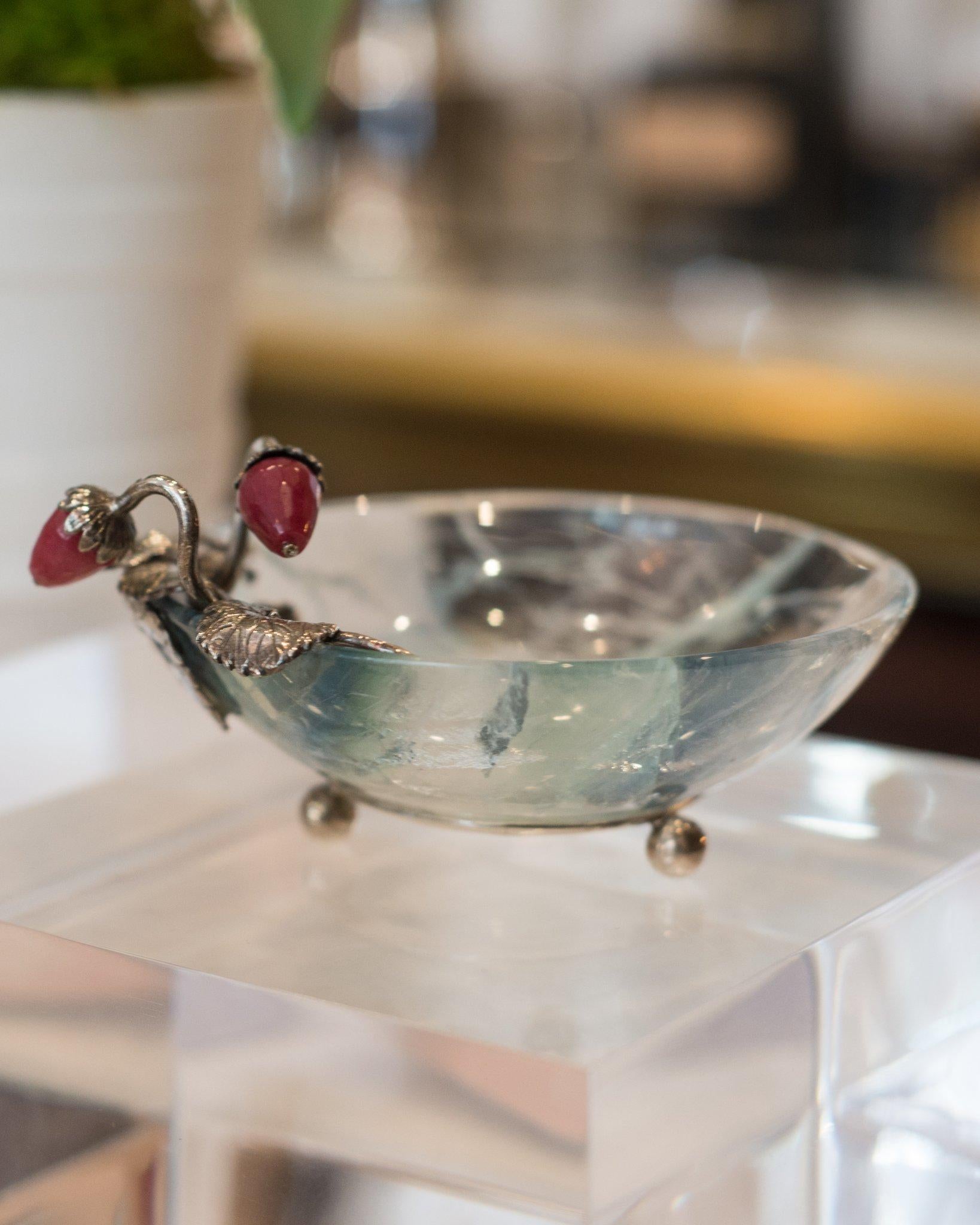 A delicate pair of fluorite bowls with sterling silver, pearls and semi-precious strawberries by master jeweller Pestelli, Florence.

Studio Pestelli was founded in 1908, when Edoardo Pestelli (1874-1965) took over a jewelry shop in Via Strozzi,