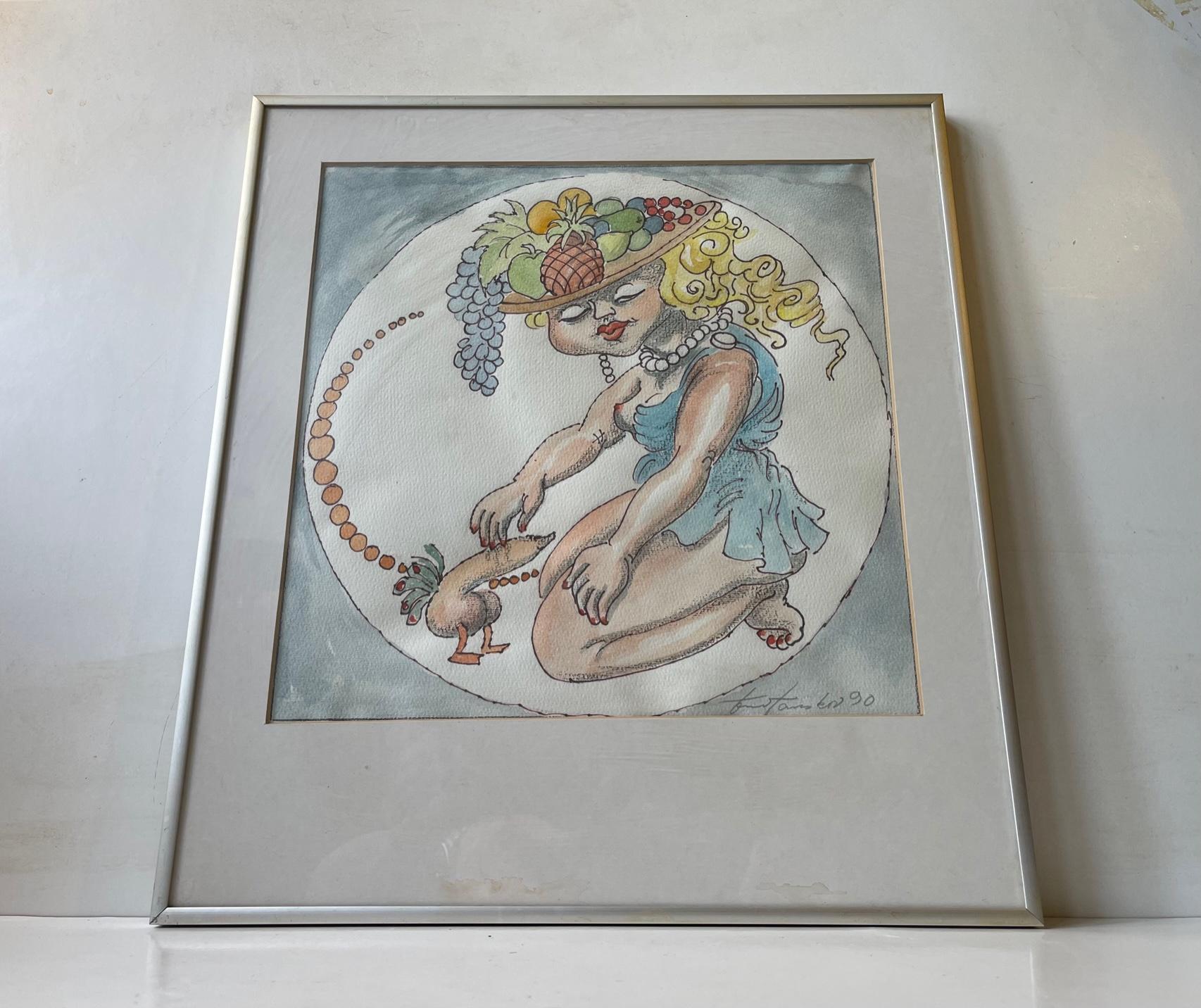 This piece, despite the lack of refined artistic details makes up for it in the sarcastic and unusual department. That sure is a funny chicken being stroked by a fruit-basket-hat wearing young lady. Its executed in watercolor and acrylic on canvas