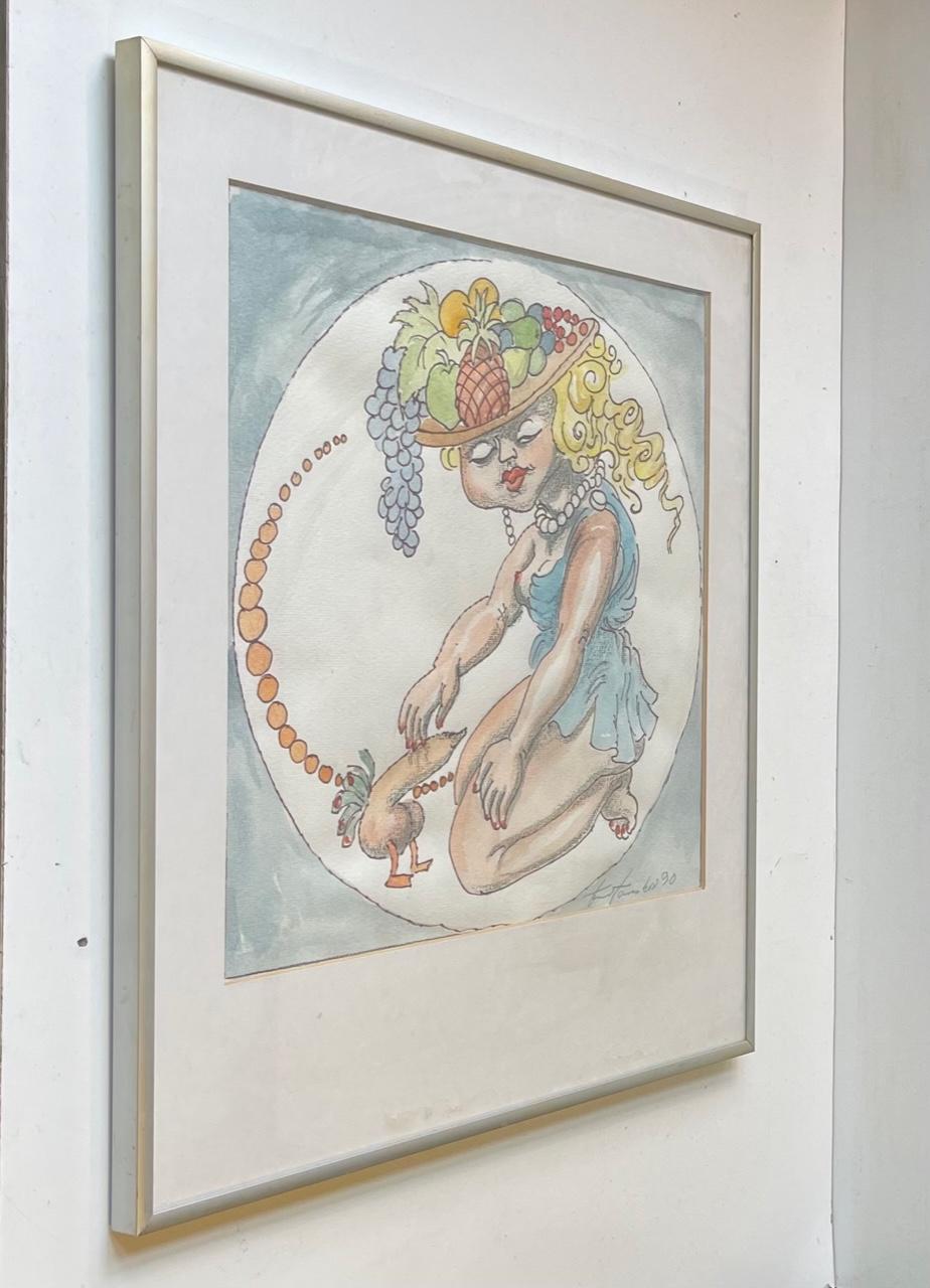 Pet Penis - Surreal Watercolor by Unknown Danish Artist, 1990 In Fair Condition For Sale In Esbjerg, DK