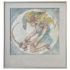 Pet Penis - Surreal Watercolor by Unknown Danish Artist, 1990