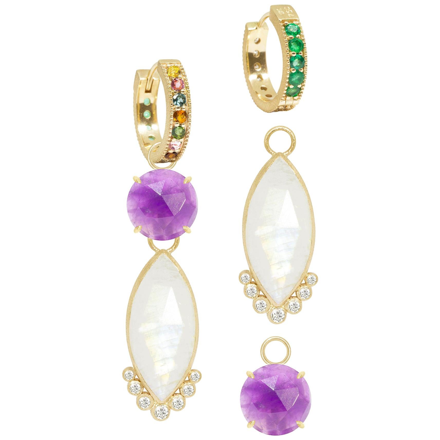 Petal Amethyst Charms and Intricate 18 Karat Gold Reversible Huggies Earrings