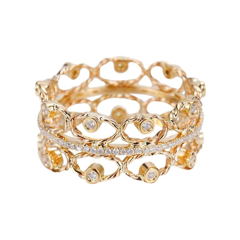 For Sale:  Petal Belt 18 Karat Yellow Gold 0.336 Carat Diamonds Open Lace Crown Ring