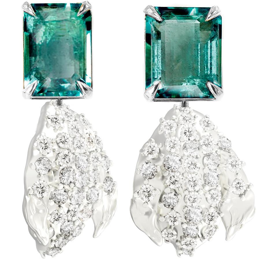 Women's or Men's Petal Clip-On Earrings with Diamonds and Emeralds in Eighteen Karat White Gold For Sale
