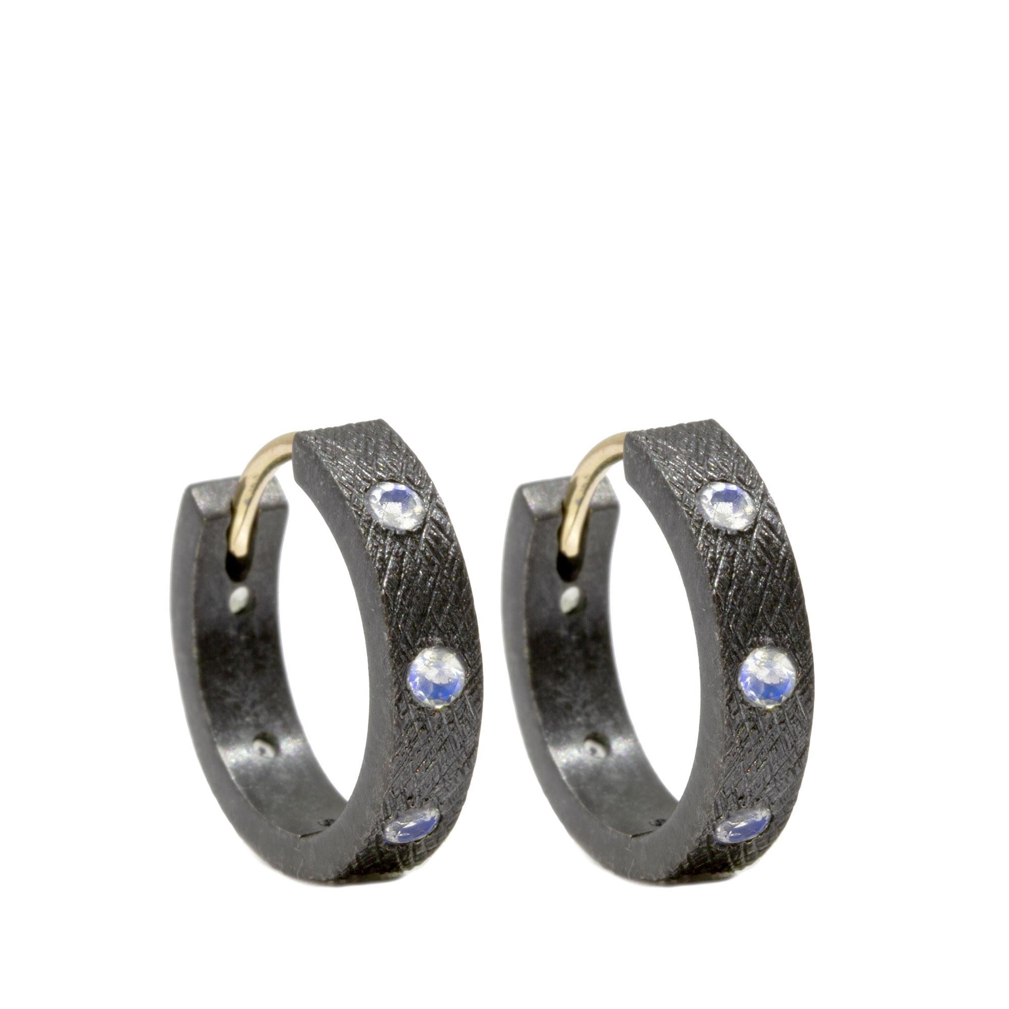 Contemporary Petal Lapis Charms and Florentine Moonstone Oxidized Hoop Earrings