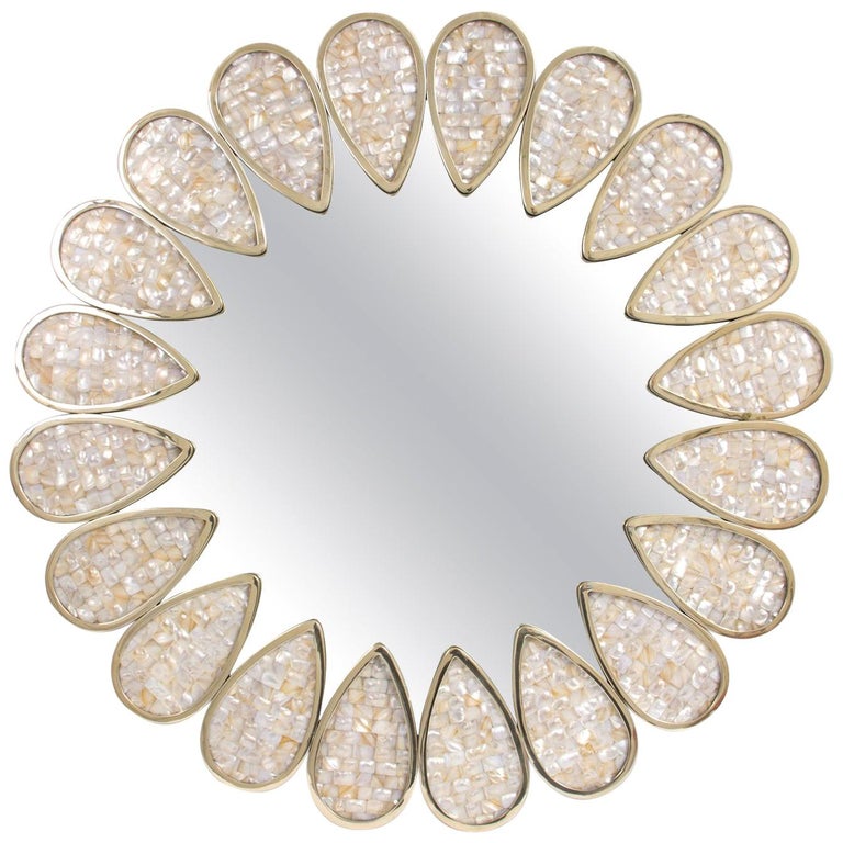 Petal Mother Of Pearl And Brass Mirror, Round Mother Of Pearl Mirror