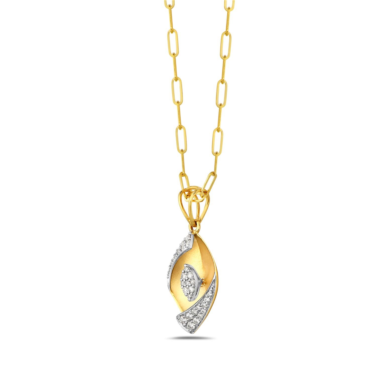 Art Deco Petal Shaped Pendant with Depth Illusion Paved in Halo Diamonds in 14k Gold For Sale