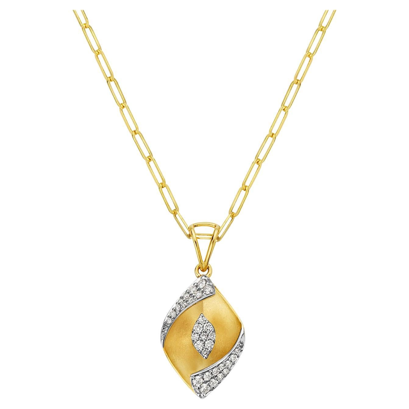 Petal Shaped Pendant with Depth Illusion Paved in Halo Diamonds in 14k Gold For Sale