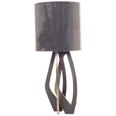 Lámpara de mesa Pétalo de piel de zapa negro carbón y latón patinado bronce by R & Y Augousti