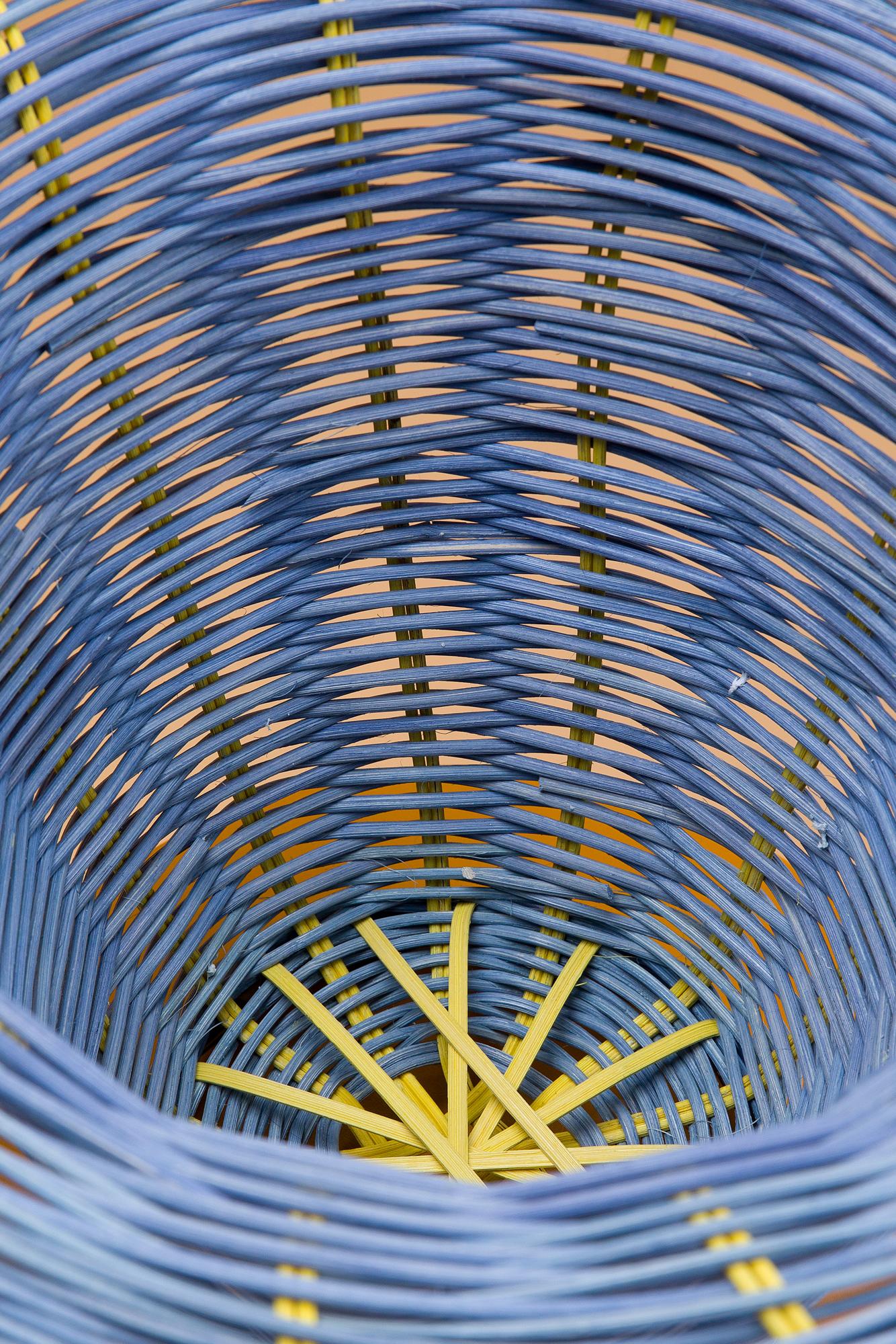 Modern Petal Vase Hand Woven in Blue, and Lemon Dyed Reed by Studio Herron