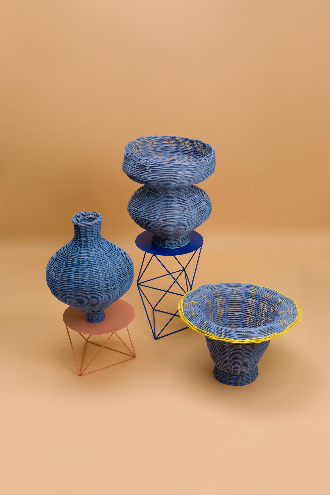 North American Petal Vase Hand Woven in Blue, and Lemon Dyed Reed by Studio Herron