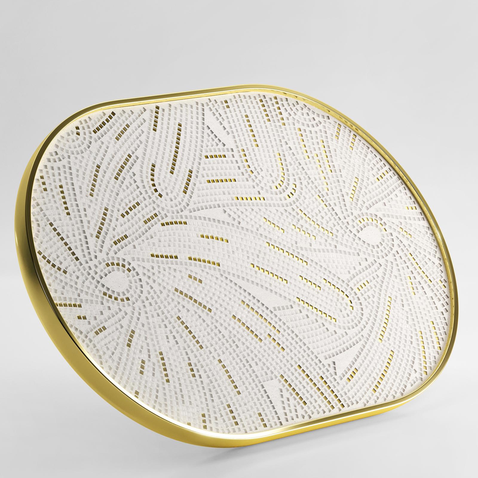 Distinguished for its sculptural allure and Minimalist design, this exquisite tray is a limited-edition piece designed by artist Matteo Cibic for the SpecialFriends collection. This 24-karat gold-plated ceramic oval tray uses TILLA picotesserae to