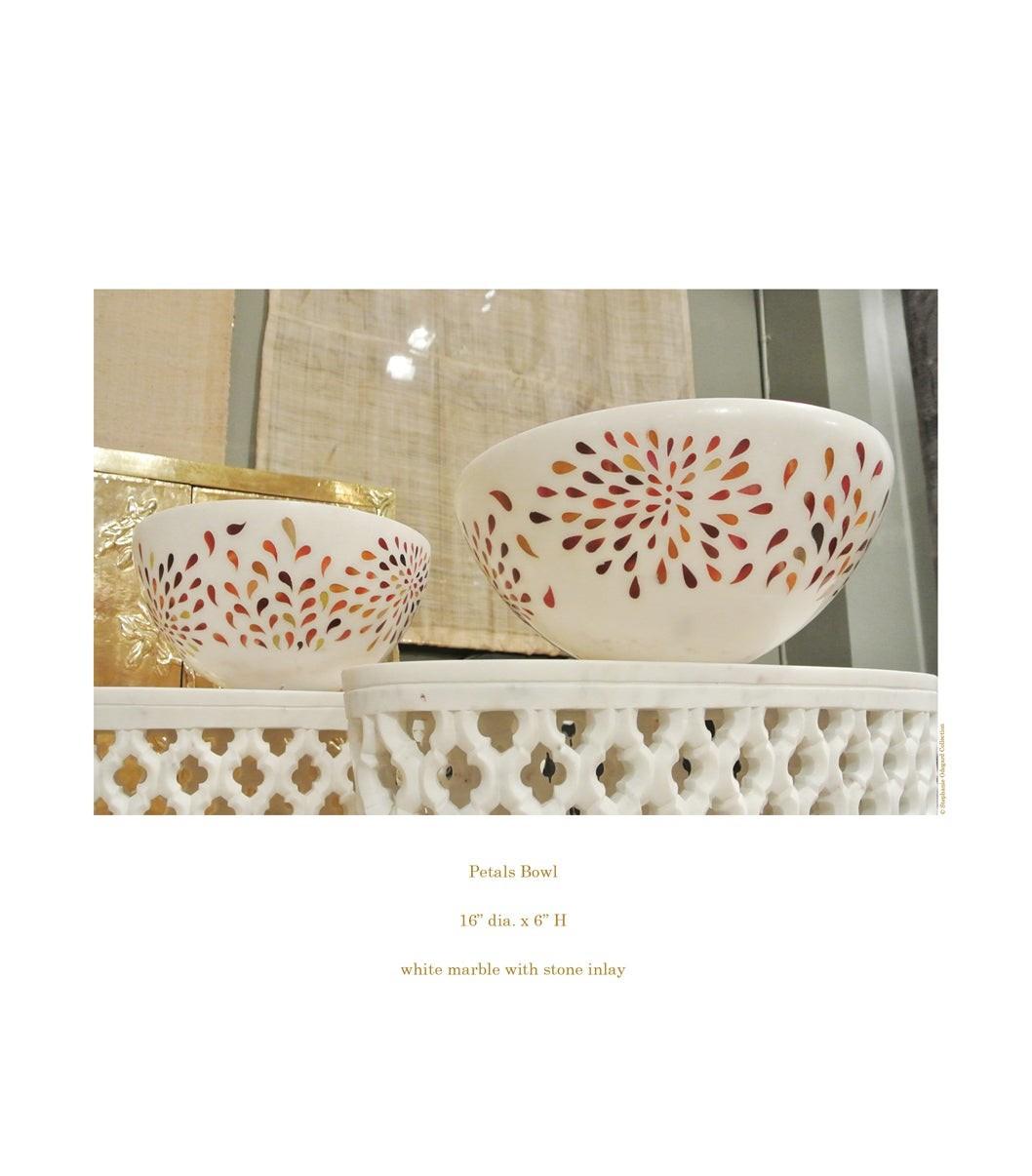 American Petals Bowl Inlay in White Marble Handcrafted in India by Stephanie Odegard For Sale